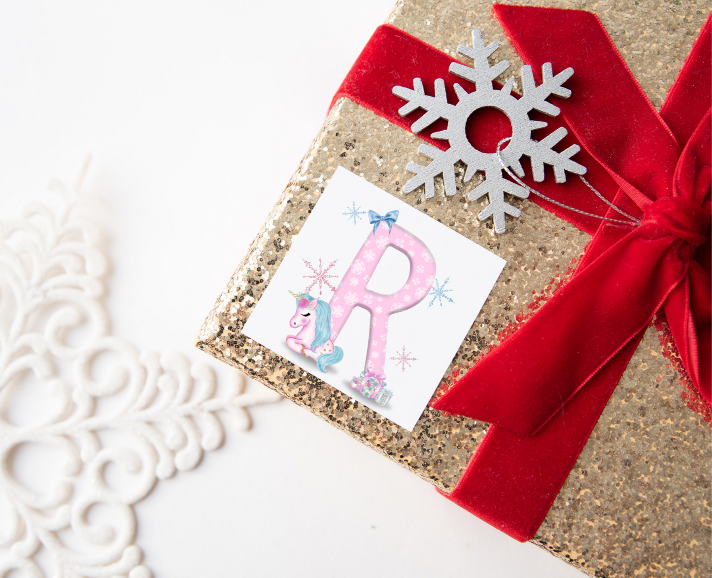Pink Initial Unicorn Christmas Present Labels