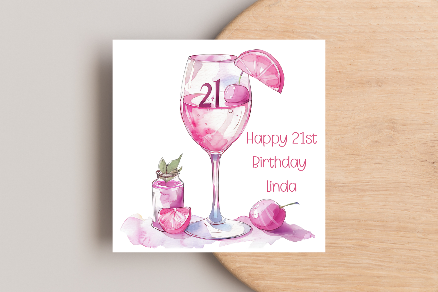 Personalised 21st Birthday Card - Pink Cocktail - Celebration Greeting