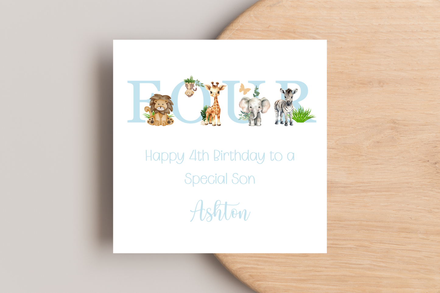 Personalised Jungle Animal Blue Birthday card
