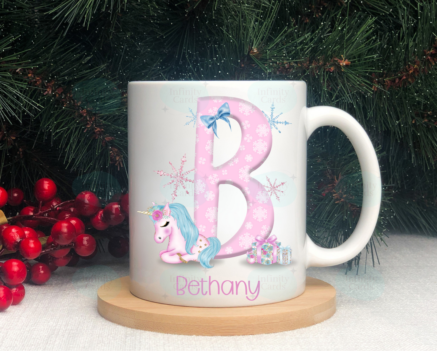 Personalised Pink Unicorn Initial Christmas Mug