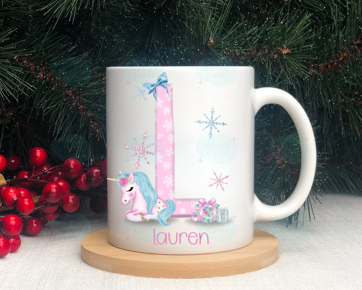 Personalised Pink Unicorn Initial Christmas Mug