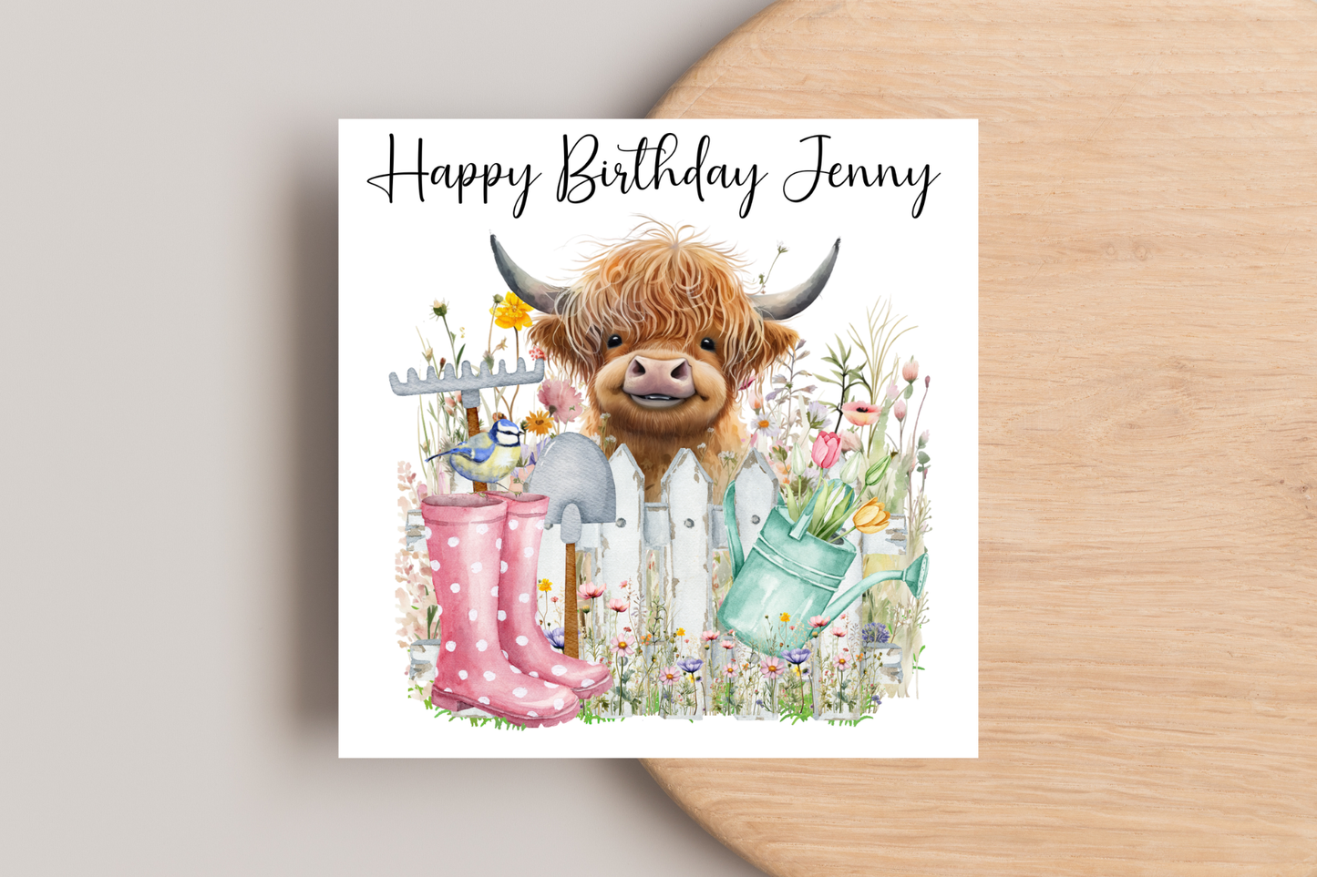 Personalised Spring Highland Cow Birthday Card