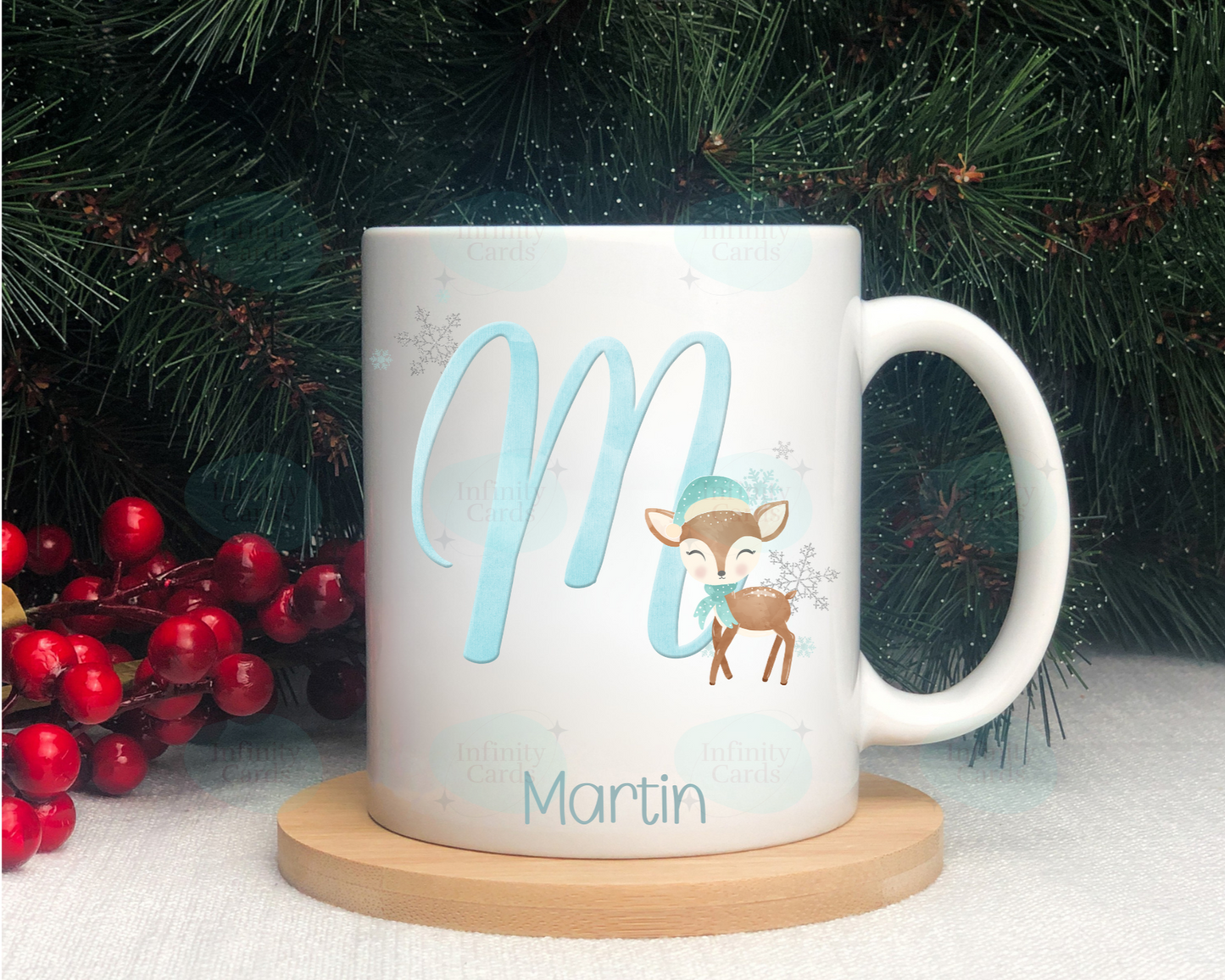 Personalised Cute Reindeer Blue Initial Mug