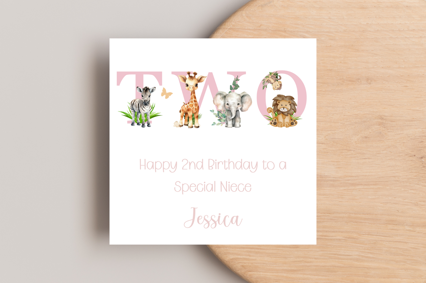 Personalised Jungle Animal Pink Birthday card
