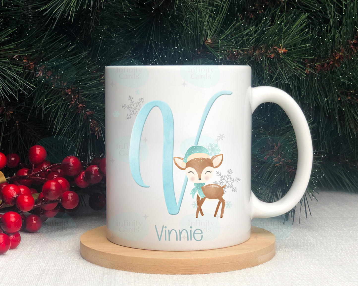 Personalised Cute Reindeer Blue Initial Mug
