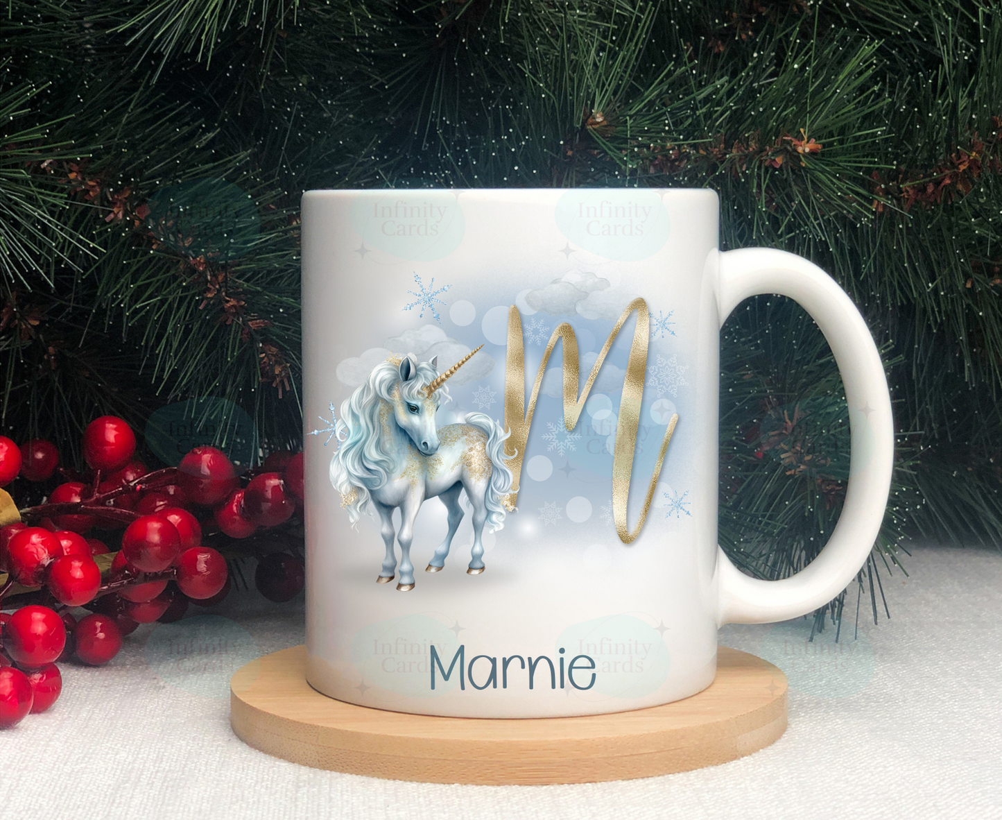 Personalised Blue Unicorn Initial Christmas Mug