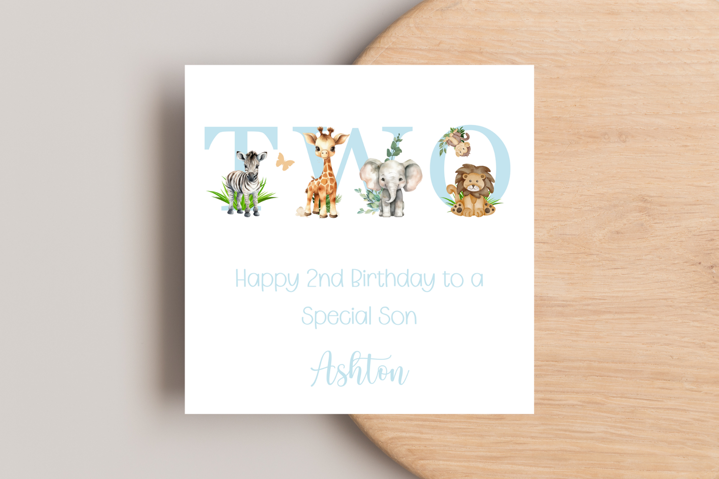 Personalised Jungle Animal Blue Birthday card