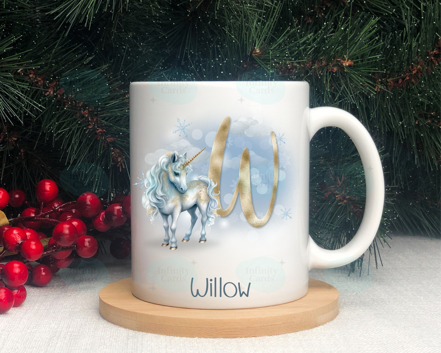 Personalised Blue Unicorn Initial Christmas Mug