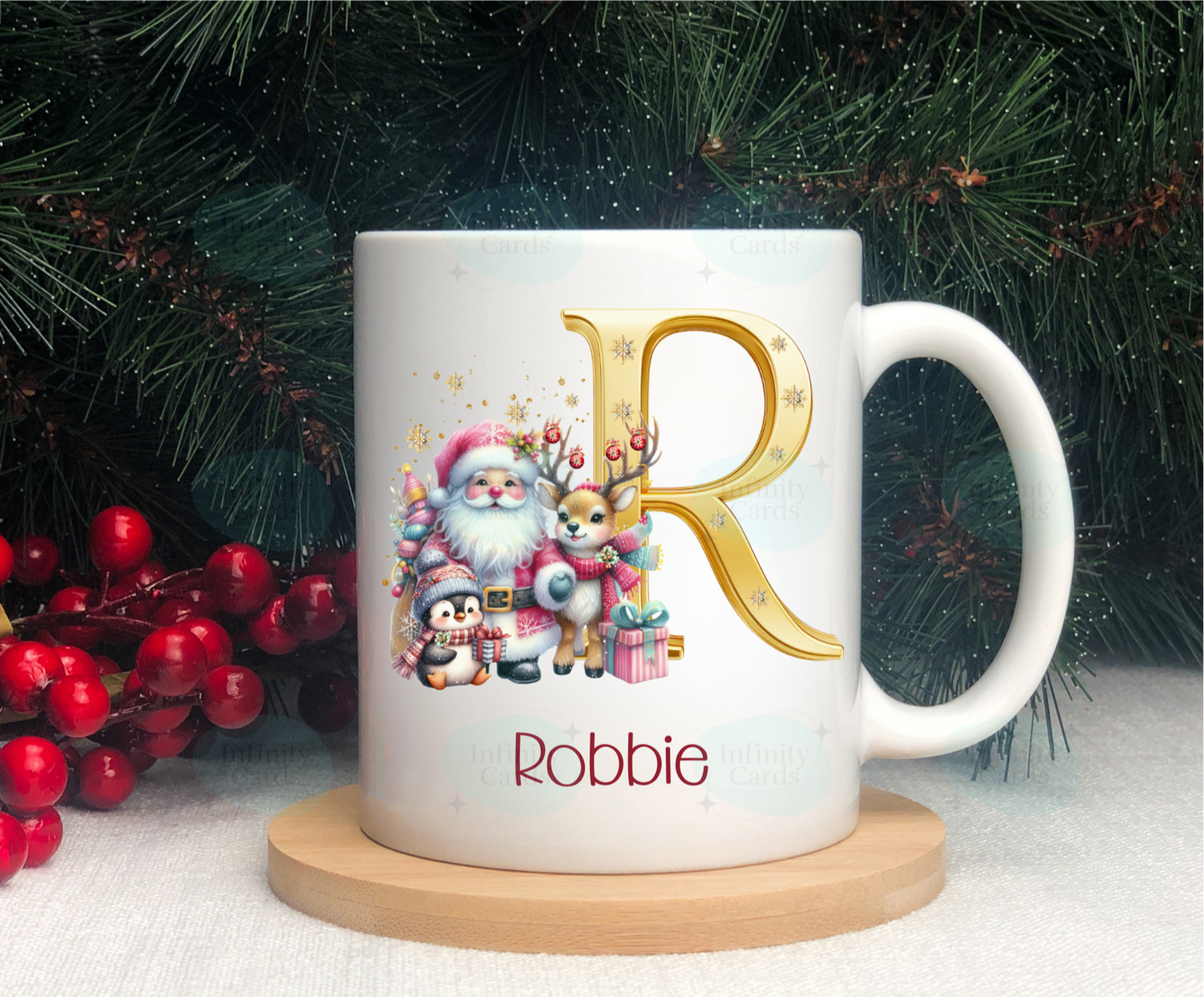 Personalised Golden Santa and friends Christmas mug