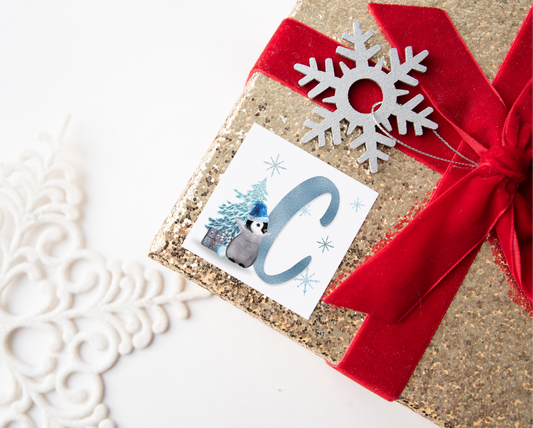 Personalised Initial Blue Penguin Christmas Present Labels