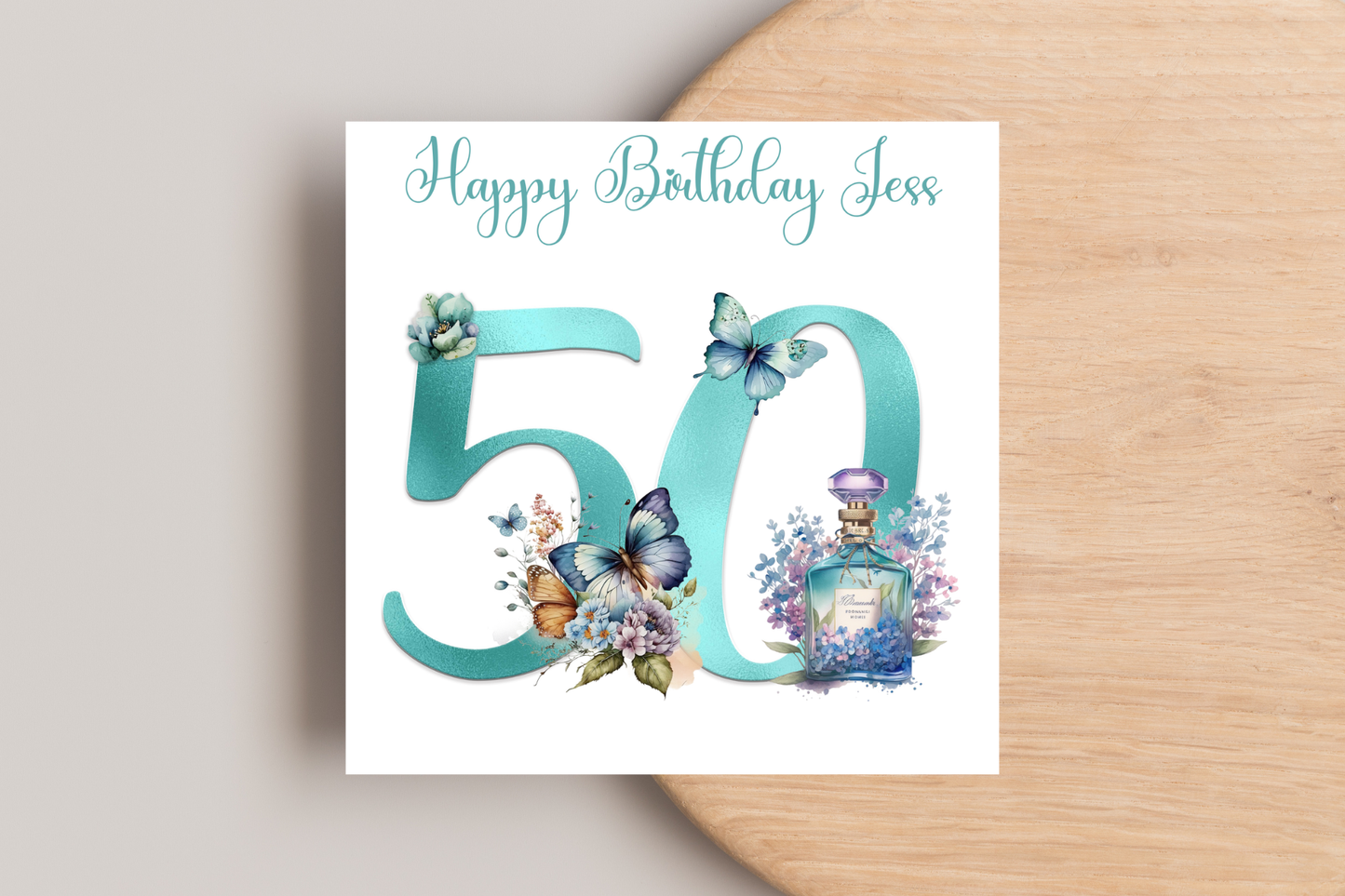 Personalised Teal Perfume Birthday Card