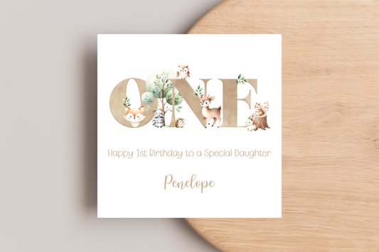 Personalised Woodland Animal First Birthday Card