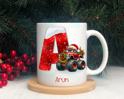 Personalised Monster Truck Christmas Initial Mug