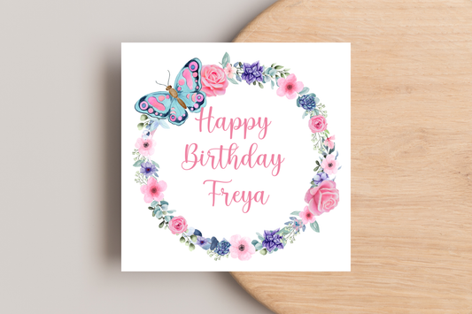 Personalised Butterfly Floral Wreath Birthday Card