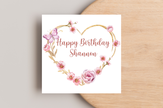 Personalised Heart Floral Wreath Birthday Card
