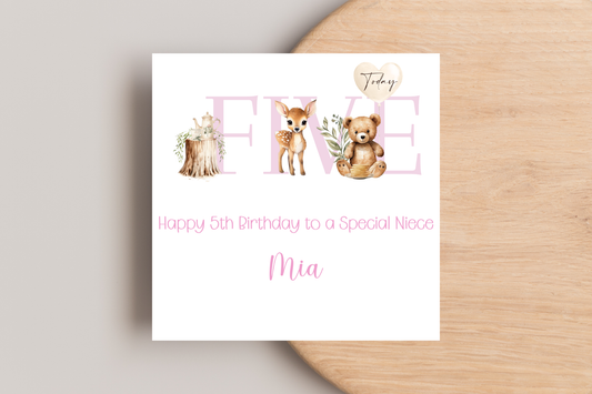 Personalised Woodland Animals 5th Birthday Card