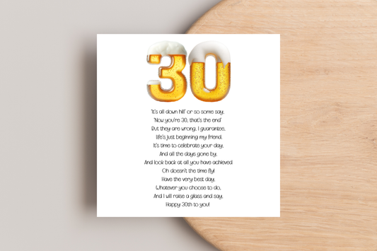 30th Beer Number Birthday Card for him