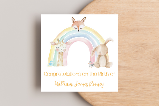 Personalised Animal Rainbow Baby Arrival Card