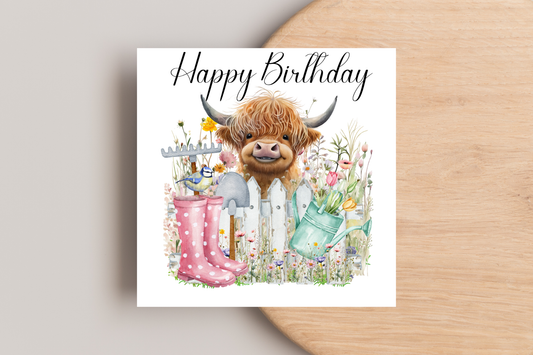 Spring Highland Cow Birthday Card