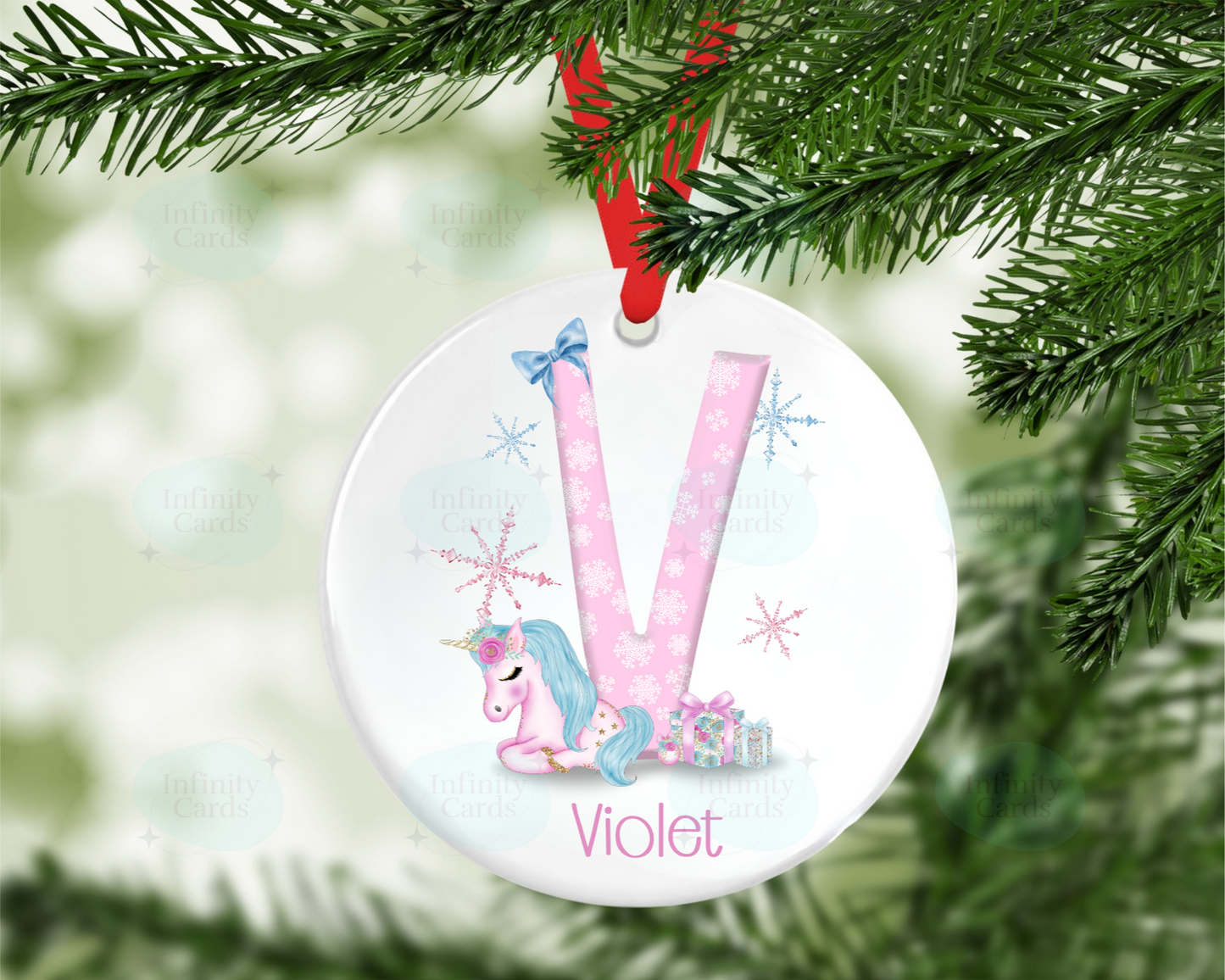 Personalised Pink Unicorn Initial Christmas Bauble