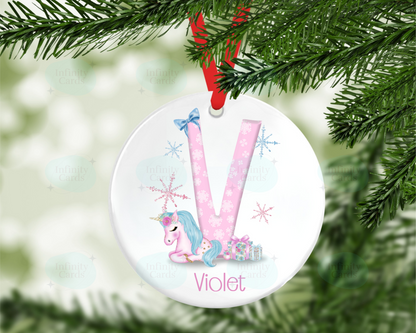 Personalised Pink Unicorn Initial Christmas Bauble
