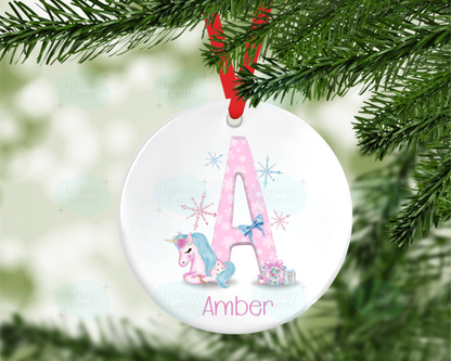 Personalised Pink Unicorn Initial Christmas Bauble