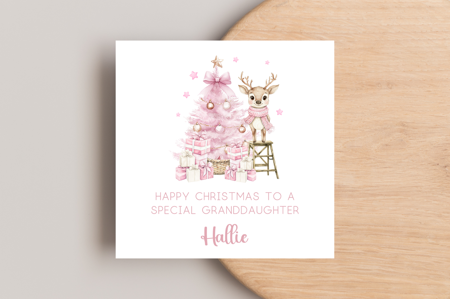 Personalised Reindeer Pink Christmas card