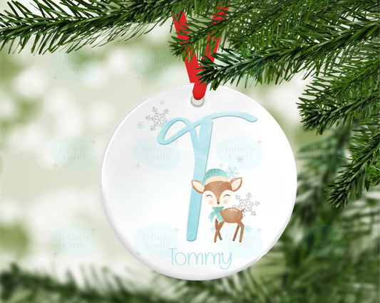 Personalised Blue Initial Reindeer Christmas Bauble