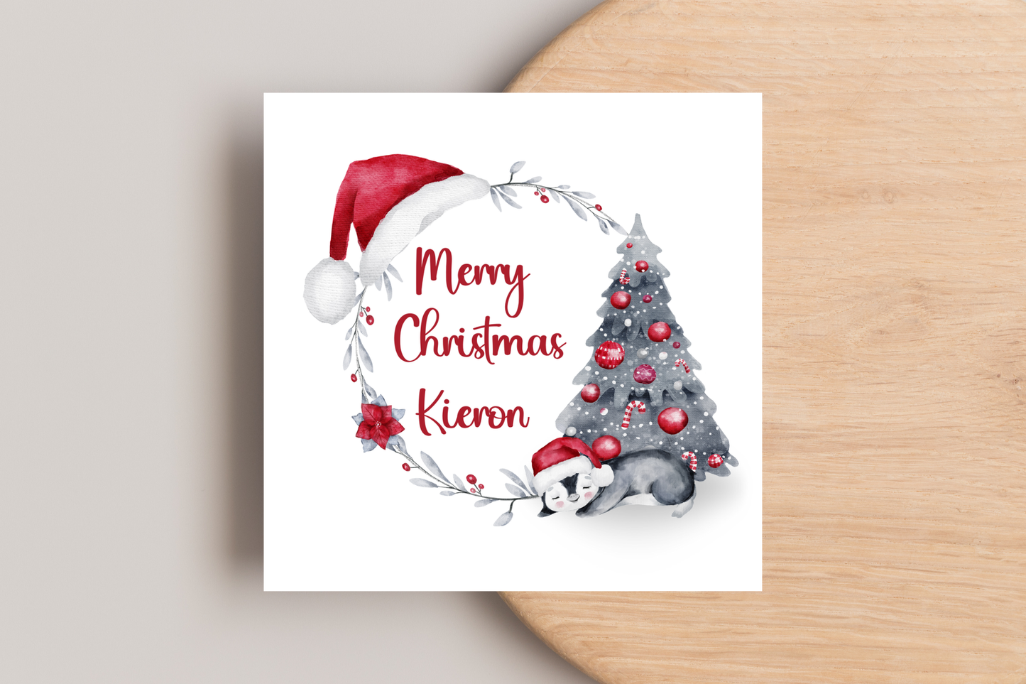 Personalised Penguin Wreath Christmas Card