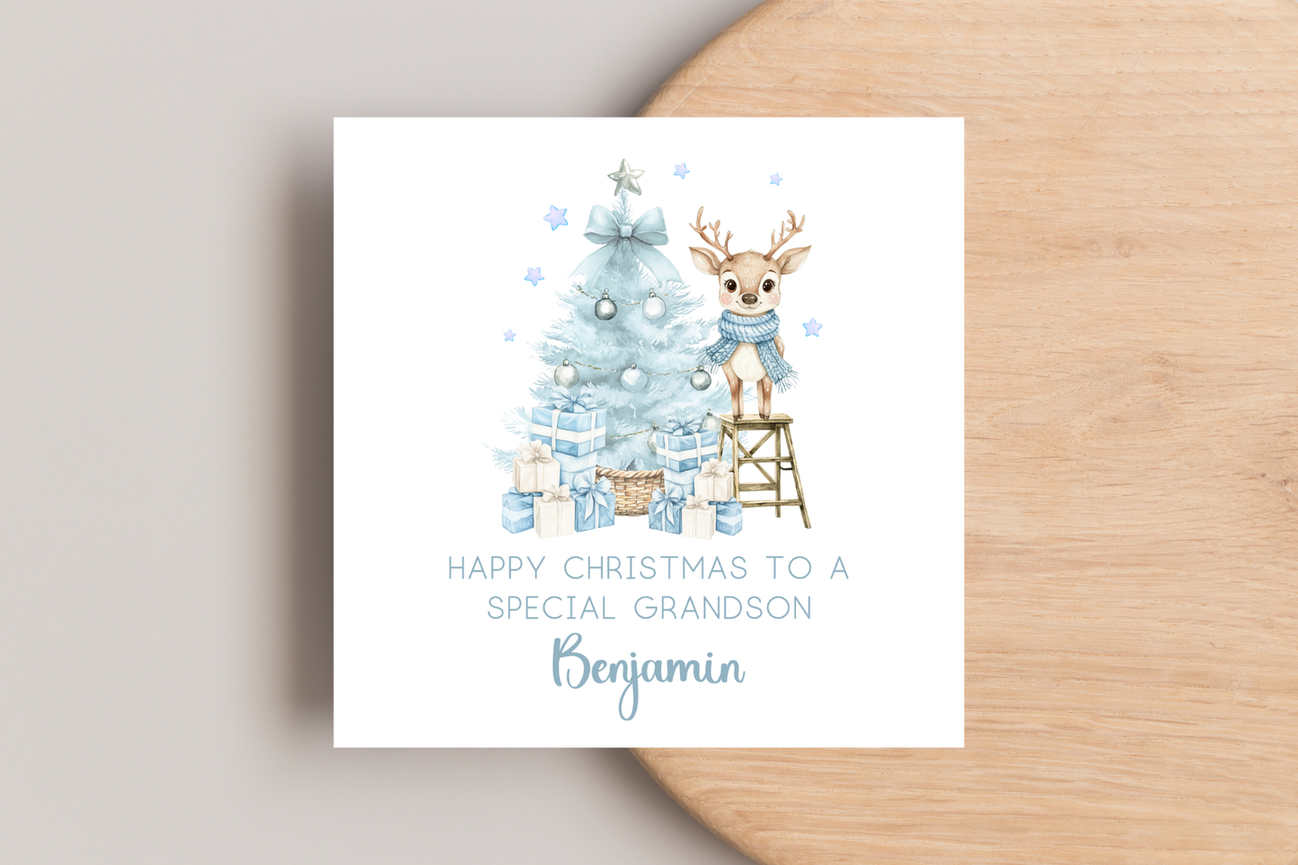 Personalised Reindeer Blue Christmas card