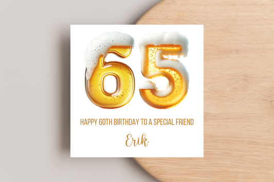 Personalised 65th Beer Number Birthday Card