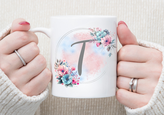 Personalised Pink and Blue Floral Initial Mug