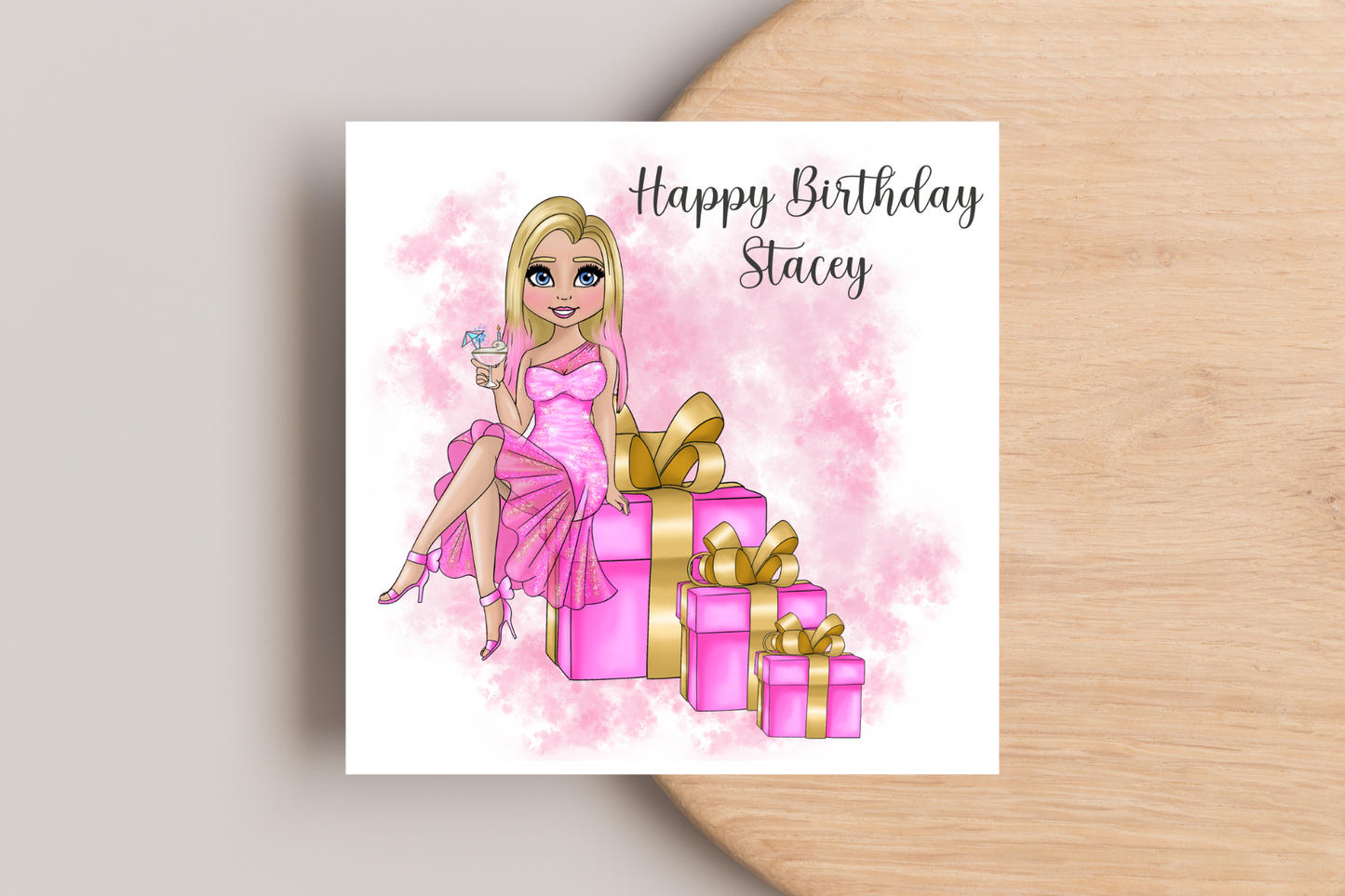 Personalised Birthday Card Personalised- Lady in Pink Dress Sitting on Glittering Presents