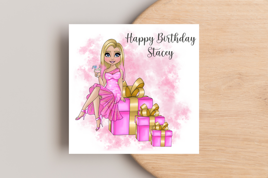 Personalised Birthday Card Personalised- Lady in Pink Dress Sitting on Glittering Presents