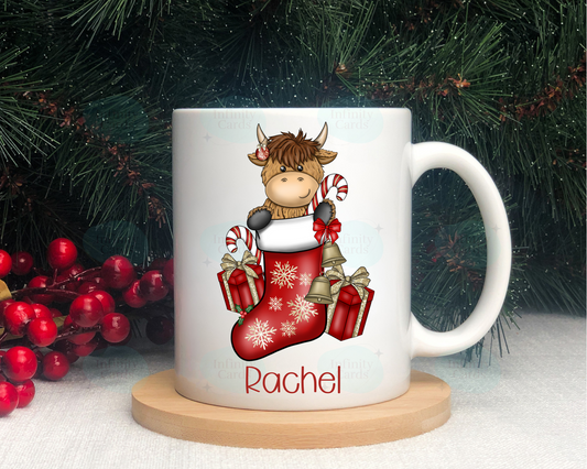 Personalised Highland Cow Stocking Christmas Mug