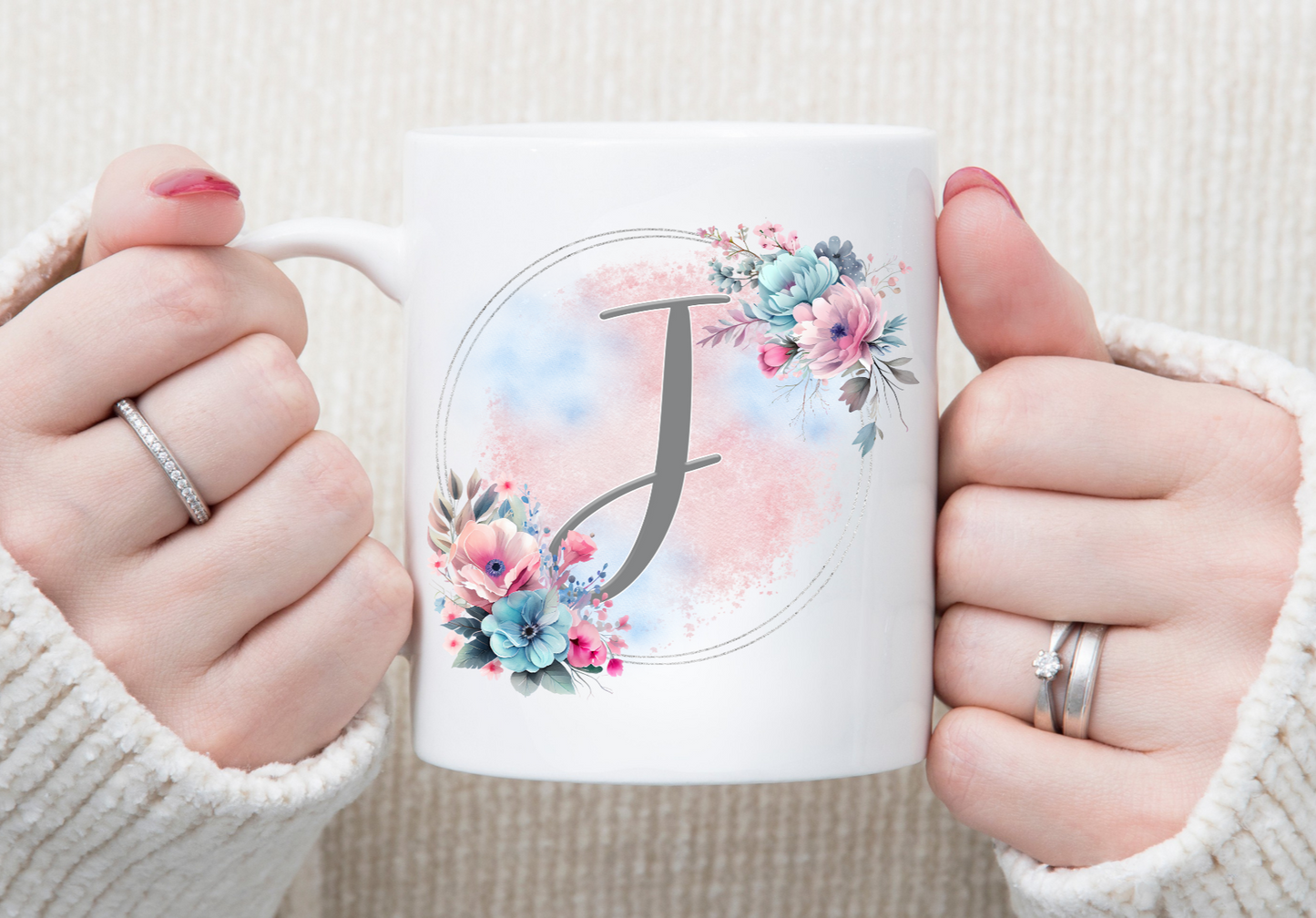 Personalised Pink and Blue Floral Initial Mug