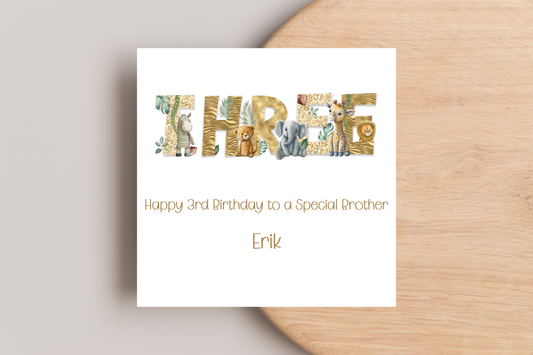 Personalised Jungle Themed 3rd Birthday Card