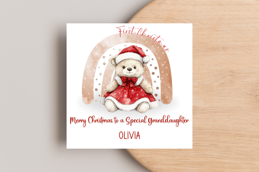 Personalised First Christmas Bear Rainbow Christmas Card