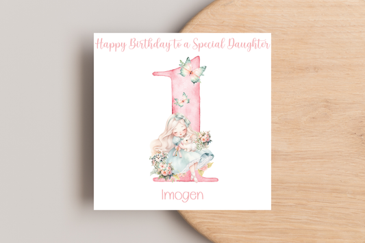 Alice and White Rabbit 1st Birthday Card