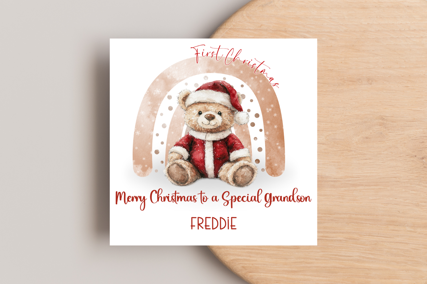 Personalised First Christmas Bear Rainbow Christmas Card