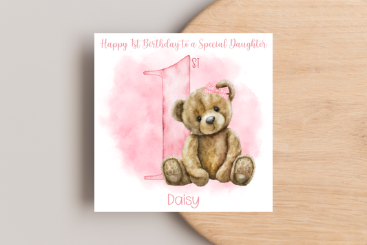 Personalised Teddy Pink 1st Birthday Card