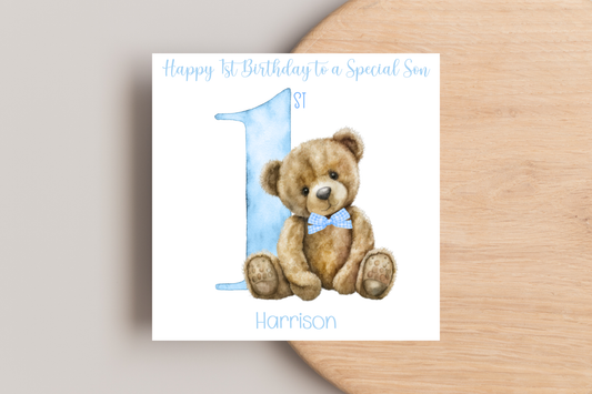 Personalised Teddy Blue 1st Birthday Card