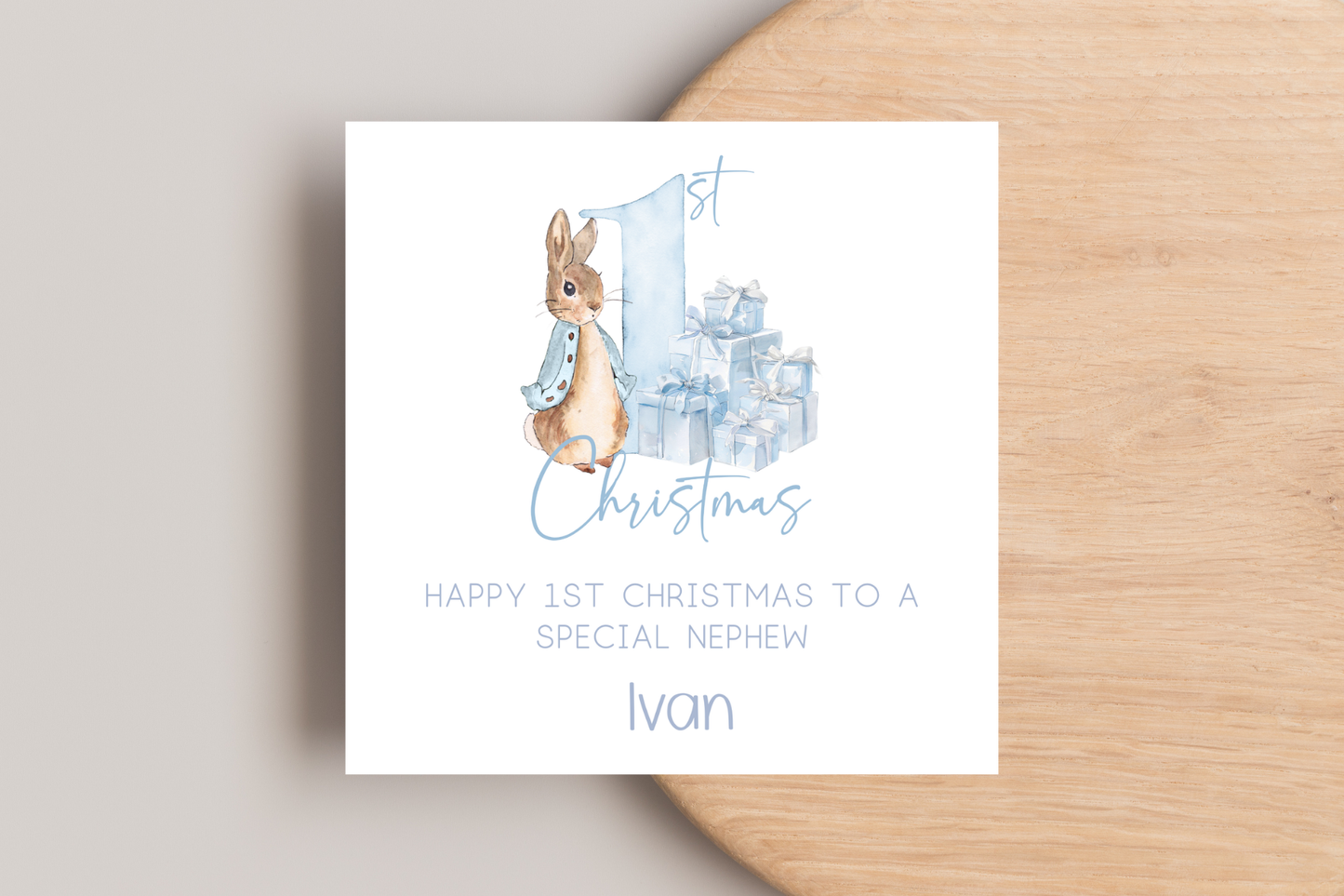 Personalised Peter Rabbit 1st Christmas card