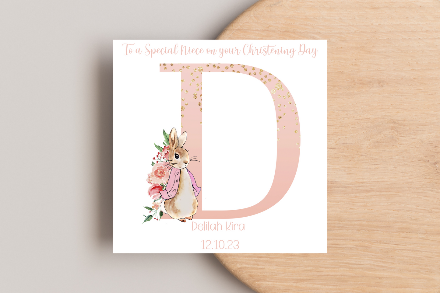 Peter Rabbit Pink Christening Card- Personalised Initial Name and Date