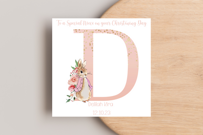 Peter Rabbit Pink Christening Card- Personalised Initial Name and Date