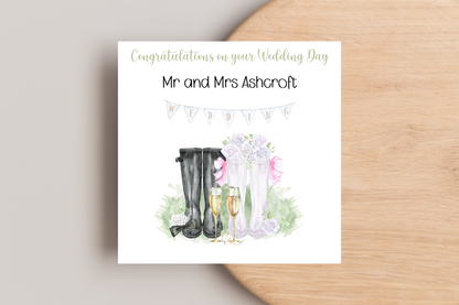 Bride and Groom Welly Boots Personalised wedding day Card