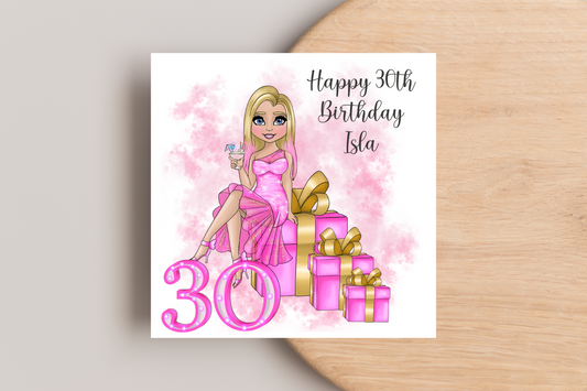30th Birthday Card Personalised- Lady in Pink Dress Sitting on Glittering Presents