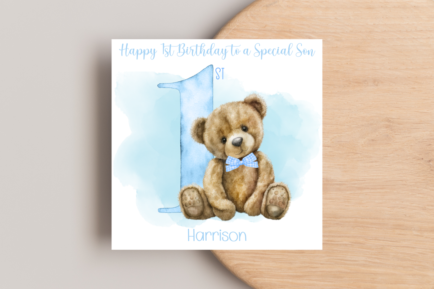 Personalised Teddy Blue 1st Birthday Card