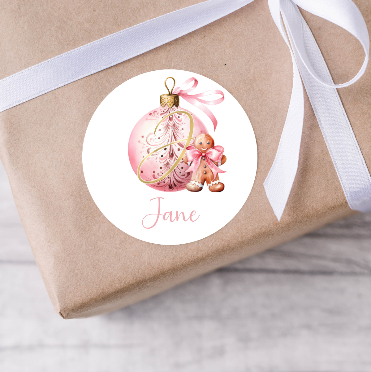 Personalised Pink Bauble Gingerbread Christmas Present Labels