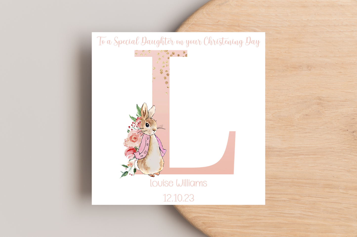 Peter Rabbit Pink Christening Card- Personalised Initial Name and Date